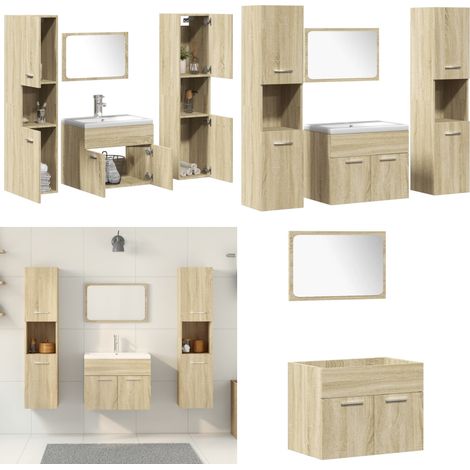 Juego de muebles de baño 5 pzas madera ingeniería roble Sonoma - Armario de baño - Espejo de maquillaje