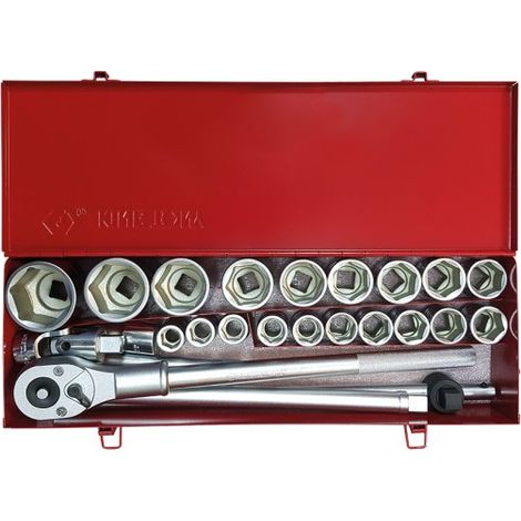 Coffret cliquet et douilles 3/4" 25 pièces – Douilles 6 pans de 19 à 55mm – Cliquet 500mm avec angle de reprise 15° – Coffret métallique – King Tony (1/7)