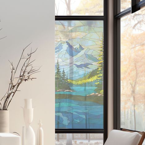 Stickers décoratifs électrostatique, lac, montagnes, effet vitrail, 150 cm X 67,5 cm (1/2)