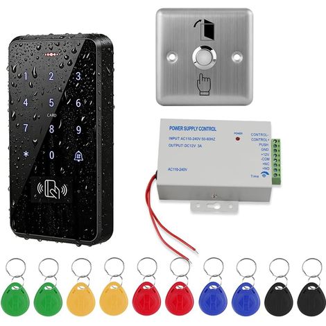 Contrôleur d'accès étanche IP68 avec alimentation CC, bouton interrupteur de porte, 10 porte-clés d'identification, sans serrure (1/5)