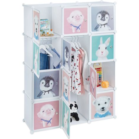 Relaxdays Armario Modular Infantil, 8 Compartimentos, Puertas Estampado Animales, Estantería Niños, 145x109x37cm, Blanco