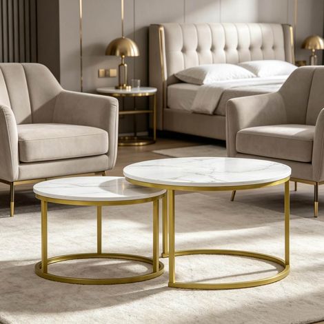 Set aus 2 Couchtischen (Ø 74 x 46,3 cm und Ø 59 x 38,5 cm), Nesting Design, Gold und Weiß (1/5)