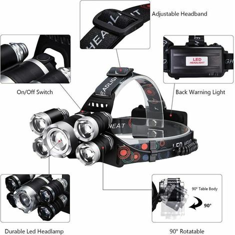 Lampe Frontale Rechargeable Eclairage Puissante Ultra USB Rechargeable 5 LED 4 Modes d’Eclairage IPX4 2 x 18650 pour Camping Chasse Pêche Escalade Randonnée (1/5)