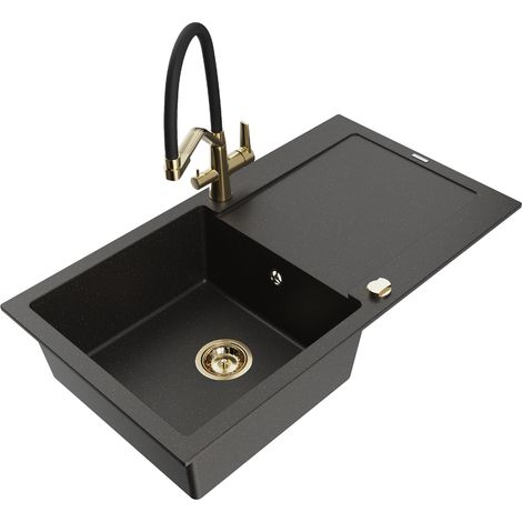 Mexen Leo 1 Becken-Granitspüle mit Abtropffläche und Mischbatterie Duo, Schwarz/Gold metallisch - 6501-75-671701-57-G