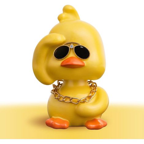 Wackelfigur Gelbe Ente mit Brille und Kette für Auto Armaturenbrett Deko