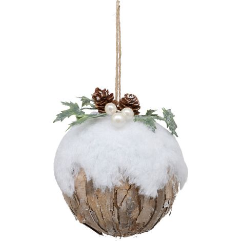 Déco Sapin Boule de Noël D 9 cm Bois écorce, Baies , Feuilles et Neige - Feeric Christmas