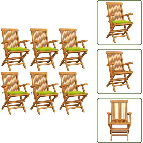 The Living Store Chaises de jardin avec coussins vert vif lot de 6 Bois teck - Chaises de jardin pliables (1/5)