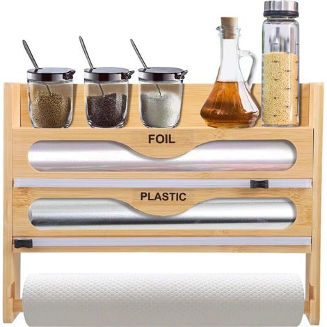 Distributeur Papier Aluminium et Film, Coupe-Papier Essuie-Tout, Porte-Rouleau Mural Organisateur de Film pour 3 Rouleaux, Dérouleur Film Alimentaire avec Porte Essuie Tout et Étagère à Épices, 4 en 1 (1/5)