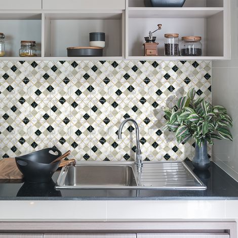 Sticker Mural Carrelage adhésif Cuisine Salle de Bain - 24 STICKERS CARRELAGES EFFET MARBRÉ BLANC BEIGE ET NOIR - 24stickers10x10cm (1/5)