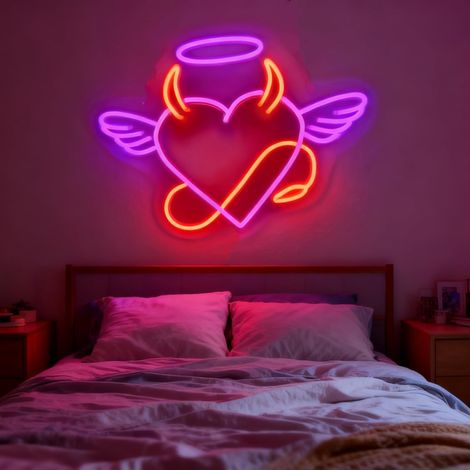 1 Panneau néon, Cœur Ange Diable, Acrylique LED, 40x30 cm, Décoration murale Salon Chambre (1/5)