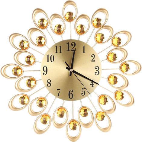 Reloj de pared de estilo europeo con cristales y flores de diamante, funciona con pilas, silencioso, decoración artística para el hogar, sala de estar, dormitorio, oficina (dorado) (1/5)