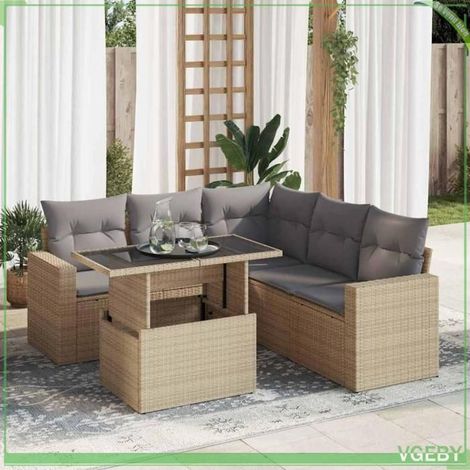 Salon de jardin - 7291712443534 - Résine tressée beige - Coussins gris clair déhoussables - Rangement sous assise, table réglable (1/5)