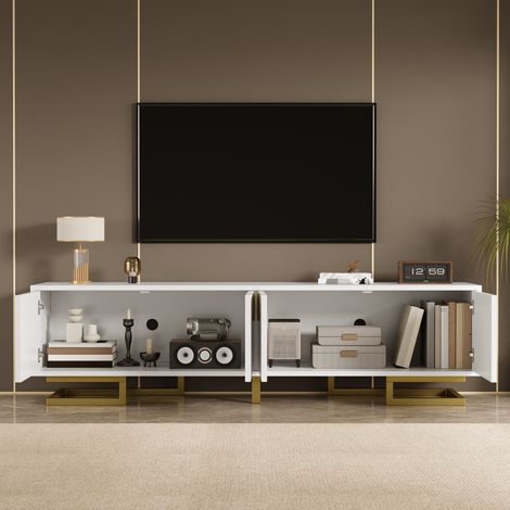 Mueble TV 160x38x44.5 cm blanco en tablero de partículas con 4 puertas y patas doradas ajustables (1/5)
