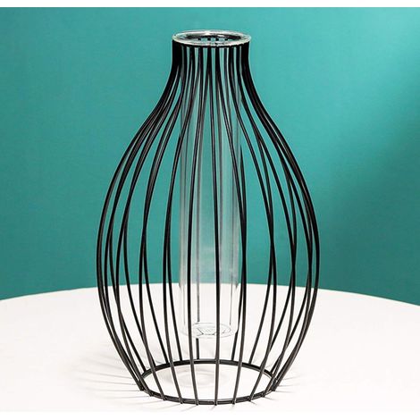 Jarrón de vidrio hidropónico con soporte de metal en forma de farol para decoración de oficina, hogar, boda, color negro (1/4)
