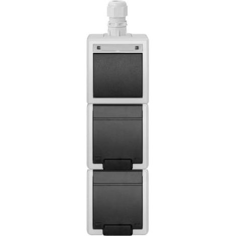 Aquant 2K Set aus vertikalem Aufputzschalter, 1-polig (Wechselschaltung) + Doppelsteckdose mit Erdung 2x2P+Z IP65 grau 5062