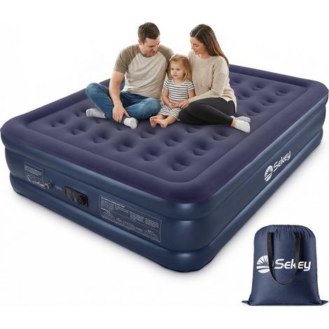 Sekey matelas gonflable 2 places avec pompe intégrée, surface floquée douce, hauteur confortable 46 cm, lit d’appoint 152 x 203 cm, Bleu