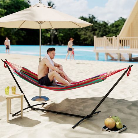 Hamac avec support 310x117cm pour le camping, hauteur réglable, sac de transport inclus, capacité de charge 120 kg, rayures orange et rouges (1/5)