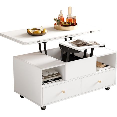 Tavolino da caffè 100x50x47,5cm, Altezza regolabile pieghevole idraulico, 4 cassetti, Ruote universali, MDF, Bianco (1/5)