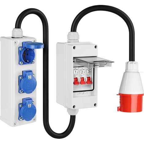 Adaptateur CEE à courant élevé 380 V vers 220 V, fiche CEE 5 pôles 32 A boîte à fusibles avec 3 prises Schuko 16 A, boîte à fusibles avec 3 disjoncteurs 16 A, câble de courant fort en caoutchouc (1/5)