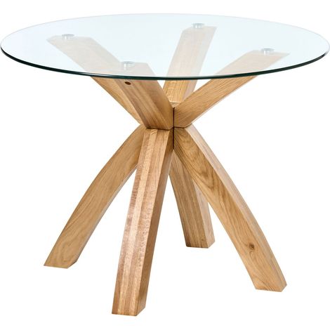 Table Ronde Salle à manger Cuisine 100 x 100 cm Plateau en Verre Pieds en Bois Marron Clair Yapp (1/5)