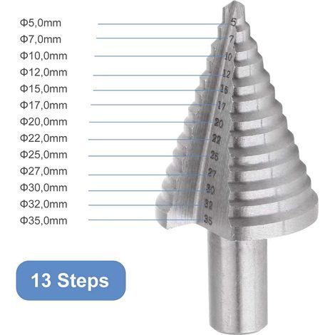 Foret Fraise Meche Etage HSS, Foret Étagé Fraise Conique à Double Fente (5mm-35mm) avec Revêtement Titane, Solide, Parfait Pour Visseuse Percage sur Acier Bois, Plastique, Laiton, Aluminium, PVC（Tige (1/4)