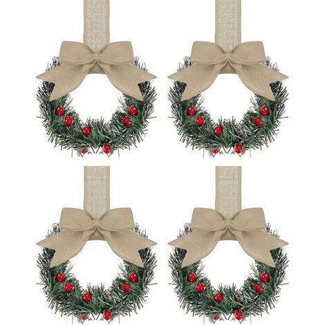 Lot de 4 couronnes de Noël pour placard de cuisine avec ruban, mini feuilles vertes artificielles pour décoration de Noël, fenêtre, mur, porte d'entrée, 10 cm (1/5)