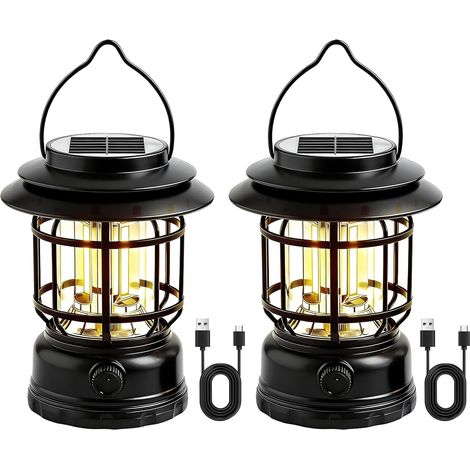 2PCS Solar Camping Lamp, Dimmable LED Camping Lantern, Rechargeable Solar and USB Camping Lantern, IPX4 Waterproof Outdoor Solar Lamp for Garden, Fishing, Rescue, and Excursions