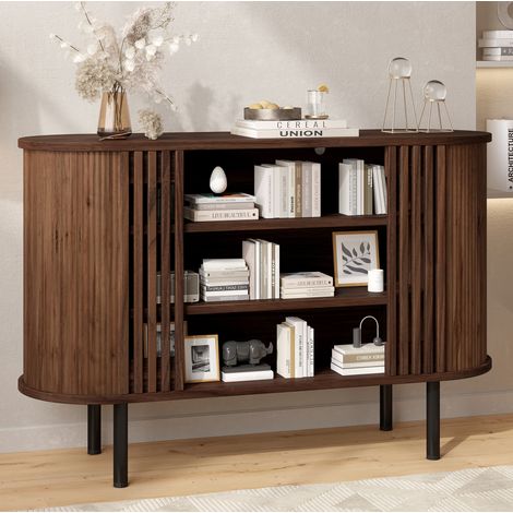 MODFU – Aparador 120x40x80 cm de MDF con 3 nichos abiertos y patas metálicas regulables, carga 45 kg – Nogal (1/5)