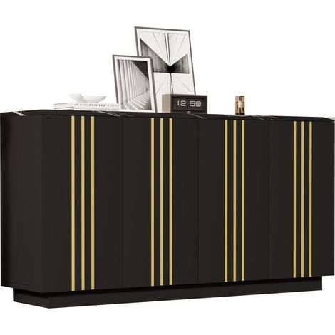 Sideboard Schwarz Gold 140cm, Moderne Kommode mit 4 Türen & Verstellbaren Einlegeböden, Aufbewahrungsschrank für Wohnzimmer & Esszimmer