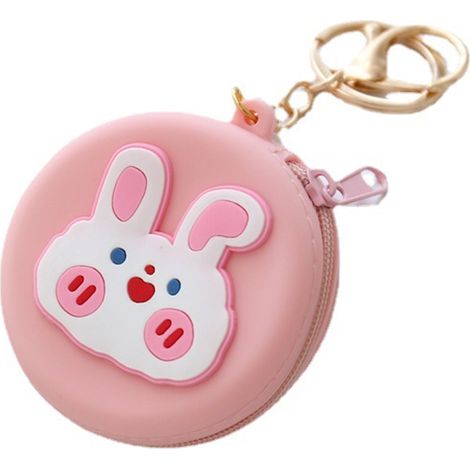 Porte-monnaie rond en silicone rose lapin mignon, fermeture à glissière, pochette pour monnaie, rouge à lèvres, clés, cadeau pour femme.
