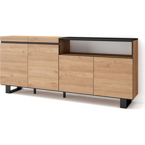 Skraut Home – Buffet salon et cuisine 200x35x87cm – 4 portes – Rangement chêne et noir – Design industriel moderne – Pieds en métal (1/5)