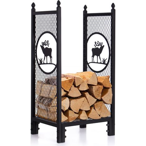 Todeco – Support à bois en fer avec motif élan – Charge 60 kg – Dimensions 80x40x30 cm – Installation rapide avec crochets inclus