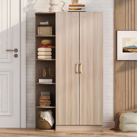Armario de dormitorio ropero 90x55x170 cm - doble puerta con estantes y cajones para ropa - estilo escandinavo mdf y contrachapado - color madera natural (1/5)