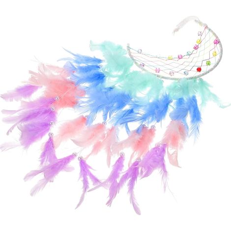 Attrape-Rêves de Lune, Art Mural Suspendu, Décoration Chambre D’Garçon et Filles, Anneau Métallique, Perles en Plastique, Plume Faite Main (1/5)