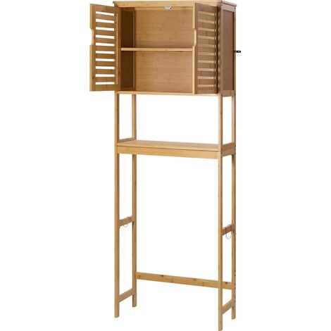 Mophorn Mobiletto portaoggetti sopra il WC in bambù, organizer per bagno alto 68,9 pollici con doppie ante, ripiano interno regolabile e spazio di archiviazione aperto, finitura naturale
