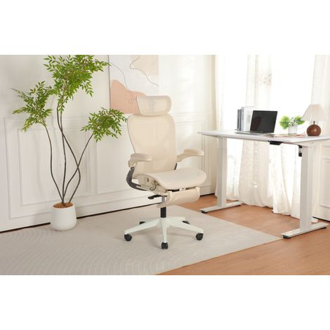 Silla de oficina ergonómica plegable, respaldo reclinable, reposacabezas 3D, soporte lumbar ajustable, malla, crema (1/5)
