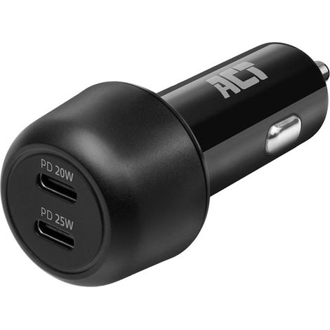 ACT USB-C Autoladegerät, 2 x USB-C, Power Delivery-Funktion für Autos und Lastwagen, gleichzeitiges schnelles Aufladen von 2 Geräten, geeignet für Apple- und Android-Smartphones, 45 W, 3 A, schwarz (1/5)