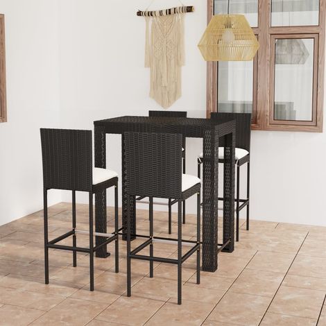 Ensemble Table de bar + 4 Chaises de bar de jardin - Table Haute avec 4 Tabourets et coussins Résine tressée Noir BV441667 - BonneVie (1/5)