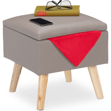 Puf Relaxdays con almacenaje, polipiel, 40 x 40 x 40 cm, con tapa, acolchado, gris