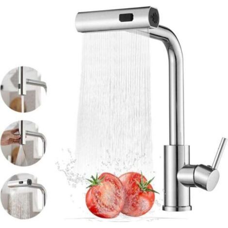 Robinet de Cuisine Cascade, Rotatif à 360° Mitigeur Cuisine avec Douchette, à Haute Pression avec Levier Unique et 3 Modes de Pulvérisation, Acier Inoxydable,argent électrolytique (1/4)