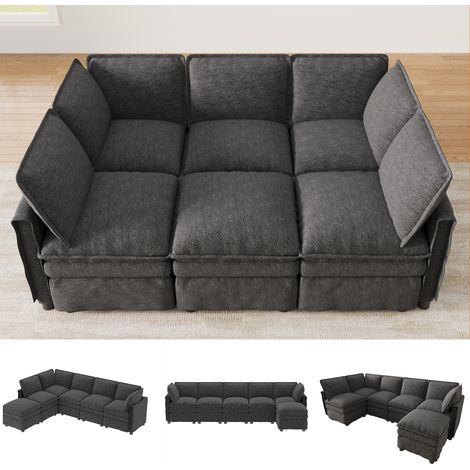 Sofa modulare XXL con funzione letto, liberamente combinabile in forma a U o L, con pouf mobile, imbottitura doppia dei cuscini, design moderno con cordoncino, sofa in chenille per soggiorno e ufficio (1/5)