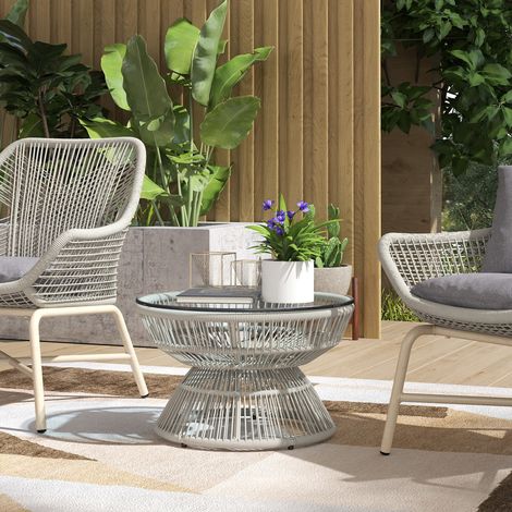 Runder Gartentisch, Beistelltisch aus Kunstharz in Rattanoptik mit Tischplatte aus gehärtetem Glas, Ø 60 x 37 cm (Höhe)