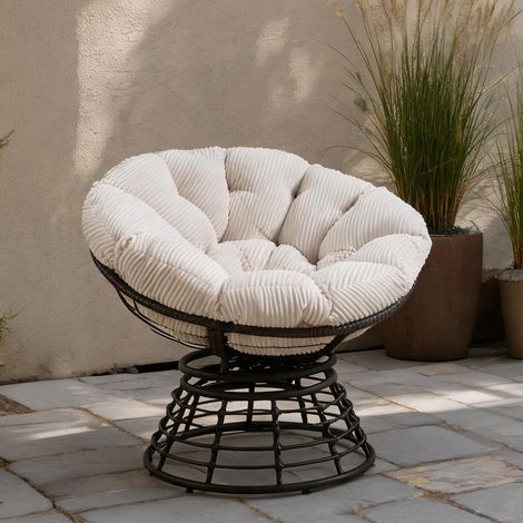 Fauteuil Papasan rotatif en rotin avec coussin blanc en acier (1/5)