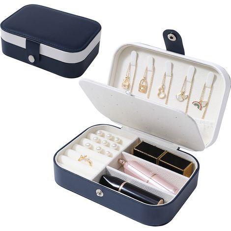 Boîte à bijoux - Boîte à bijoux de voyage portable, petit organisateur de bijoux à deux niveaux, boîte de rangement en cuir PU pour bagues, colliers, boucles d'oreilles(Bleu et blanc) (1/5)