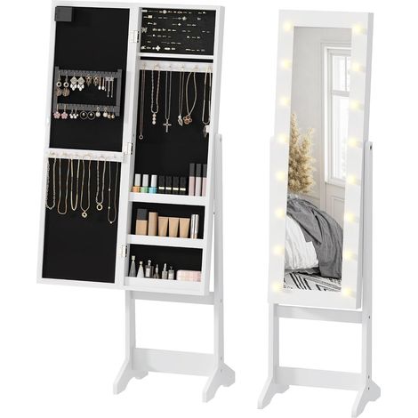 Armoire à bijoux armoire de rangement sur pieds boîte à bijoux avec miroir multi-rangements éclairage LED blanc (1/5)