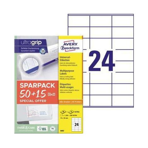 AVERY ZWECKFORM Universaletikett Avery Zweckform ultragrip SPARPACK 50 + 15 Blatt 70 x 36 mm (B x H) nicht wiederablösbar Papier weiß 1.560 Etik./Pack. (1/4)