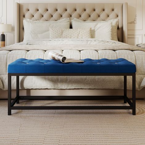 Panca imbottita in velluto ai piedi del letto con design capitonné e base in metallo, ideale per camera da letto, corridoio e soggiorno, colore blu scuro.