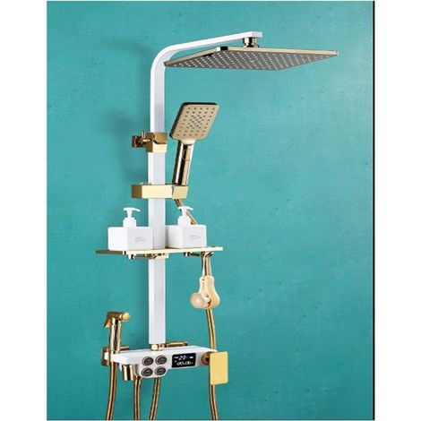 Ensemble de douche mitigeur thermostatique intelli Ensemble de douche noir en cuivre complet for salle de bain, bouton à double rangée, affichage numérique thermostatique, douche à main à 4 vitesses ( (1/5)