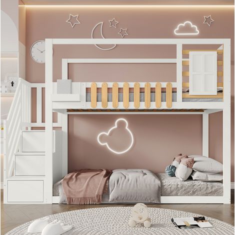 Letto a castello bambini 90x200 cm con scala portaoggetti, ripiano e sponda di sicurezza, in legno, senza materasso, bianco (1/5)