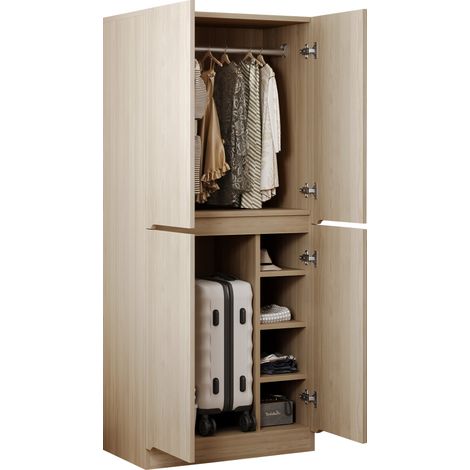 Kleiderschrank mit 2 Türen, Kleiderstange und Stauraumfächern für Schlafzimmer aus Holz, Naturholz, 70 x 40 x 170 cm (1/5)
